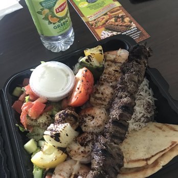 OC Kabob - Kabobs: Seafood (shrimp), veggie and lamb added; rice; salad; tzatziki sauce with pita bread - Mediterranean Near Me - Ocean City, Maryland