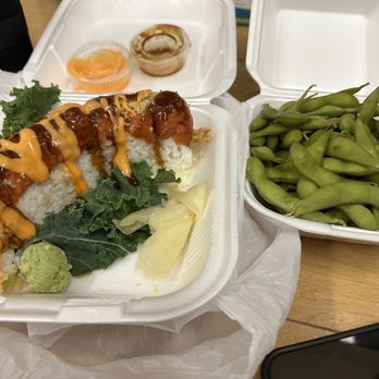 Dono Sushi Cafe - ‍ Chef's Special Roll w. Spicy mayo & Eel sauce on the side along with edamame - Sushi Bars Near Me - Chino, California