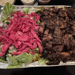 Halal Grill Bros Brooklyn - JERK CHX OVER RICE add pickled cabbage. Spicy white sauce and jerk sauce on the side. Amazing!!