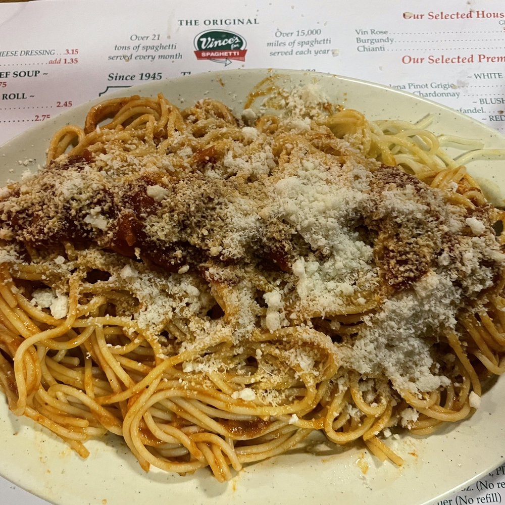 Vince's Spaghetti - Half order Vince's dinner (Pasta with our Special Tomato Sauce) - Italian Near Me - Ontario, California