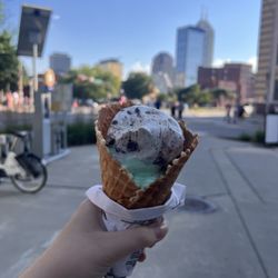 Kilwins Ice Cream - Chocolate - Fudge - Small Waffle Cone with 1/2 Cookies and Cream and 1/2 Mint Chocolate Chip