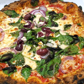 Fiamma Wood Fired Pizza - Spinaci pizza – personal size w/mozzarella, spinach, onions, goat cheese, and olives – Excellent! - Italian Near Me - Millburn, New Jersey Fiamma Wood Fired Pizza - Spinaci pizza – personal size w/mozzarella, spinach, onions, goat cheese, and olives – Excellent! - Italian Near Me - Millburn, New Jersey