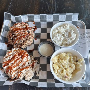 HickoryStore BBQ - 2 meat combo plate. Pulled pork, pulled/chopped chicken, mac and cheese, baked potato salad, white sauce, red bbq sauce - Salad Near Me - Huntsville, Alabama HickoryStore BBQ - 2 meat combo plate. Pulled pork, pulled/chopped chicken, mac and cheese, baked potato salad, white sauce, red bbq sauce - Salad Near Me - Huntsville, Alabama
