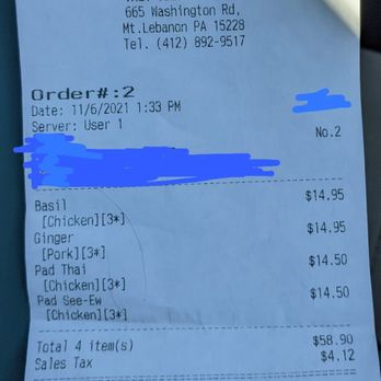 Thai Touch Kitchen - the receipt for the restaurant - Thai Near Me - Pittsburgh, Pennsylvania