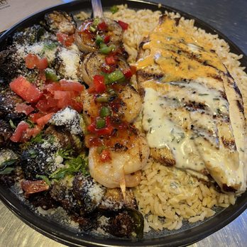 California Fish Grill - Seabass Plate with Brussel Sprouts and Skewered Shrimp - Seafood Near Me - Irvine, California