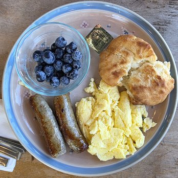 The Toasted Owl Cafe - A la carte scrambled eggs, sausage, fruit, and a biscuit. - Breakfast & Brunch Near Me - Phoenix, Arizona