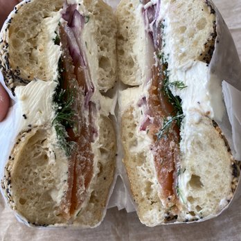 Bagelsaurus - Everything bagel cold smoked salmon sandwich - Bagels Near Me - Cambridge, Massachusetts