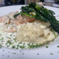 Rudy's Pub - Salmon, cauliflower smash, shrimp sauce and spinach