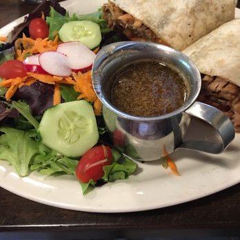 Fink's BBQ Roadhouse - Bbq turkey wrap with bacon, chedder and applw. Side house salad with maple bacon vinagrette - American Near Me - Suffern, New York Fink's BBQ Roadhouse - Bbq turkey wrap with bacon, chedder and applw. Side house salad with maple bacon vinagrette - American Near Me - Suffern, New York