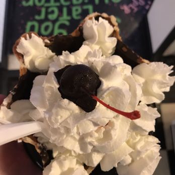 Bokies Drive In - Cherry Bomb Sundae in a chocolate-dipped waffle bowl - American Near Me - Malone, New York