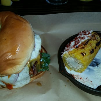Fork & Fig - Green chili burger with side of corn. - Burgers Near Me - Albuquerque, New Mexico