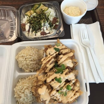 Pine Tree Cafe - Spicy Tuna Poke Bowl and Spicy Garlic Chicken with Brown Rice and Mac Salad - Breakfast & Brunch Near Me - Kailua-Kona, Hawaii Pine Tree Cafe - Spicy Tuna Poke Bowl and Spicy Garlic Chicken with Brown Rice and Mac Salad - Breakfast & Brunch Near Me - Kailua-Kona, Hawaii
