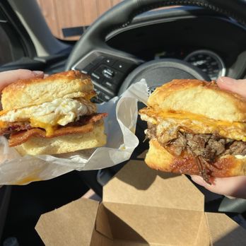 350° Bakery - Bacon and onion jam biscuit (left) and brisket and white BBQ sauce biscuit (right) - Bakeries Near Me - Pittsburgh, Pennsylvania 350° Bakery - Bacon and onion jam biscuit (left) and brisket and white BBQ sauce biscuit (right) - Bakeries Near Me - Pittsburgh, Pennsylvania