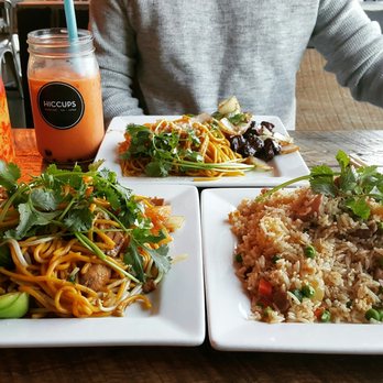 Hiccups Veo Cafe - Thai tea, Chamoy Mango, Garlic noodles with Shaken beef, Mongolian chicken and Pineapple chicken fried rice. - Asian Fusion Near Me - Carson, California