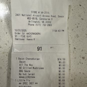 Five Guys - Five Guys receipt. - Burgers Near Me - Arlington, Virginia