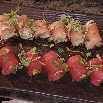 Hana Sushi - Surfin' tuna roll with spicy tuna and Albacore roll with crab meat. These are no-rice rolls. - Sushi Bars Near Me - Temecula, California Hana Sushi - Surfin' tuna roll with spicy tuna and Albacore roll with crab meat. These are no-rice rolls. - Sushi Bars Near Me - Temecula, California