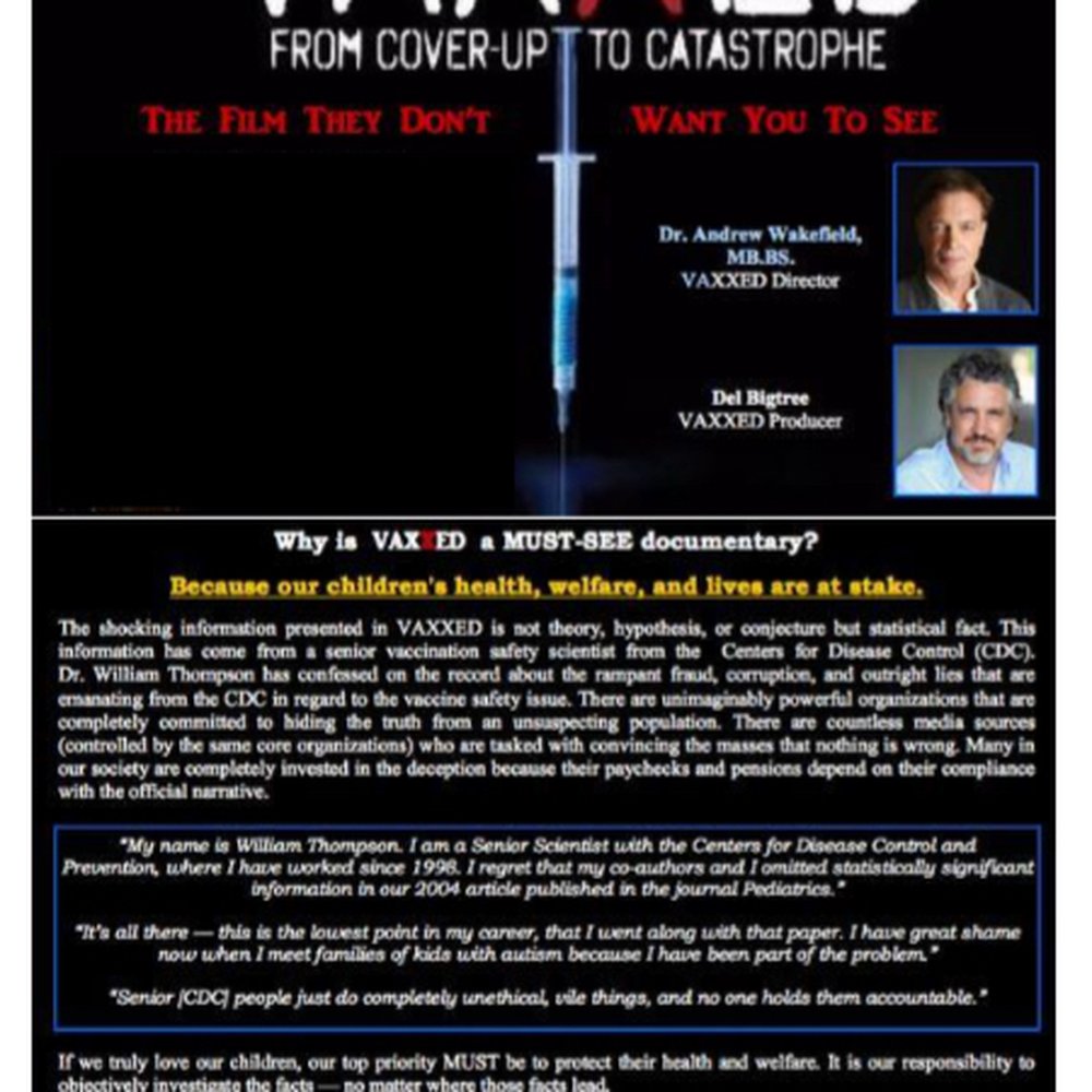 Landmark Midtown Art Cinema - flyer for VAXXED documentary film with producers Andrew Wakefield, Del Bigtree, Polly Tommey - Cinema Near Me - Atlanta, Georgia