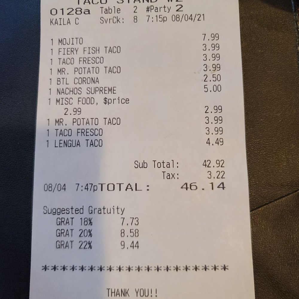 One Night Taco Stand - Our server Kaila was awesome! Two of us ate and drank for under $50! - Tacos Near Me - Orange Park, Florida One Night Taco Stand - Our server Kaila was awesome! Two of us ate and drank for under $50! - Tacos Near Me - Orange Park, Florida