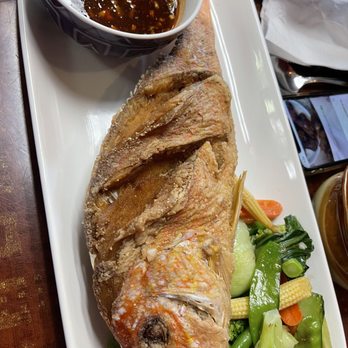 Kunya Siam - Another shot of Fried Red Snapper with sautéed veggies and tamarind sauce - Thai Near Me - Atlantic Highlands, New Jersey Kunya Siam - Another shot of Fried Red Snapper with sautéed veggies and tamarind sauce - Thai Near Me - Atlantic Highlands, New Jersey