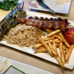 Golden Skewer - Luleh Combo Kabob (1 skewer each -- beef & chicken). Our sides were 1/2 fries and 1/2 bulger