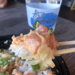 Ahipoki - Scoop of Salmon with spicy shrimp, rice & spicy cream sauce. Added green onions, ginger, cucumbers & seaweed.