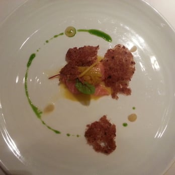 Topolobampo - 'Uncaged' - lime marinated salmon, sea urchin, aji amarillo, coconut, saffron pickled onions, micro greens, and corn masa jaula - Mexican Near Me - Chicago, Illinois Topolobampo - 'Uncaged' - lime marinated salmon, sea urchin, aji amarillo, coconut, saffron pickled onions, micro greens, and corn masa jaula - Mexican Near Me - Chicago, Illinois
