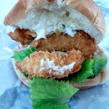 K's Drive-In - This is what my Shrimp Burger ($5.41) looks like inside........it was light & delicious! - American Near Me - Hilo, Hawaii