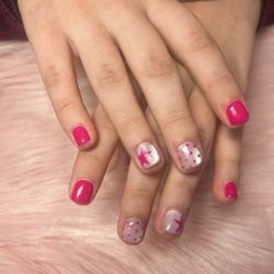 StarNailsBar - Pretty in Pink! Loving this sweet and playful nail set! The bright pink polish paired with soft shimmer, cute polka dots, and adorable