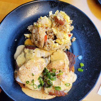 Down the Hatch Maui - Pork Belly Benny with fried rice. - Seafood Near Me - Lahaina, Hawaii