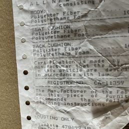 Manufacturer information claiming it's polyester but Acostas wants to deceive the consumer and claim it's leather. Manufacturer information claiming it's polyester but Acostas wants to deceive the consumer and claim it's leather.