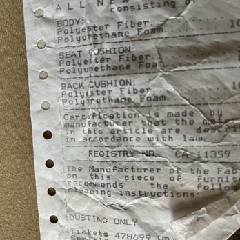 Acosta's Home Consignment - Manufacturer information claiming it's polyester but Acostas wants to deceive the consumer and claim it's leather. - Home Decor Near Me - Wheaton, Illinois