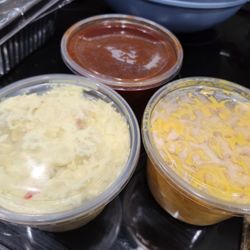 Potato salad, mac and cheese,  and BBQ sauce