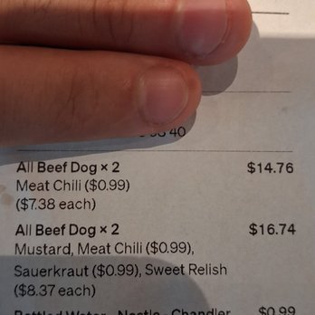 Ted's Hot Dogs - Charged us extra for not even an 8oz cup of water, then they forgot the relish on 2 hotdogs - Hot Dogs Near Me - Chandler, Arizona Ted's Hot Dogs - Charged us extra for not even an 8oz cup of water, then they forgot the relish on 2 hotdogs - Hot Dogs Near Me - Chandler, Arizona