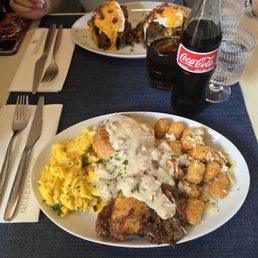 Spicy chicken, biscuits with gravy, eggs, and tots. Pork Benedict