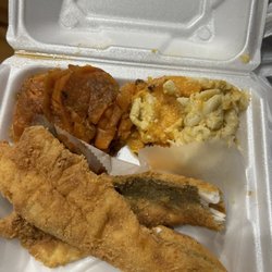 Fish, Mommas Cheesy Mac & Cheese, Candied Yams
