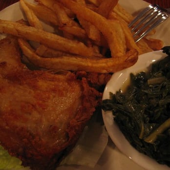 Amy Ruth's - Fried chicken (dark meat) with collard greens and fries - Southern Near Me - New York, New York