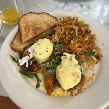 Shorehouse Kitchen - Crispy Parmesan Risotto and honey cured bacon Benedict with hash browns and wheat toast - Breakfast & Brunch Near Me - Carlsbad, California