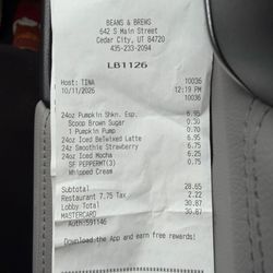 Beans & Brews Coffee House - Proof of what I was charged