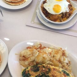 The Bendix Cafe - Mexican skillet with chorizo and jalapeños Popeye omelette with spinach tomato bacon and feta cheese