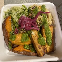 Tofu, sweet potato, rice with chimichurri sauce yum