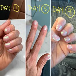 My dipped / chromed short nails at day 1, 5 and 9 so far. My dipped / chromed short nails at day 1, 5 and 9 so far.