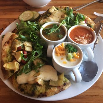 Five Loaves Cafe - Pesto pizza and soup sampler! So yummy! - Sandwiches Near Me - Summerville, South Carolina Five Loaves Cafe - Pesto pizza and soup sampler! So yummy! - Sandwiches Near Me - Summerville, South Carolina