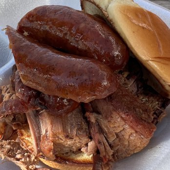Brad's Pit BBQ - Two meat brisket, more like dry roast, and andouille sausage which they call spicy is Not BBQ. Bun was best part! - Barbeque Near Me - Littleton, Colorado