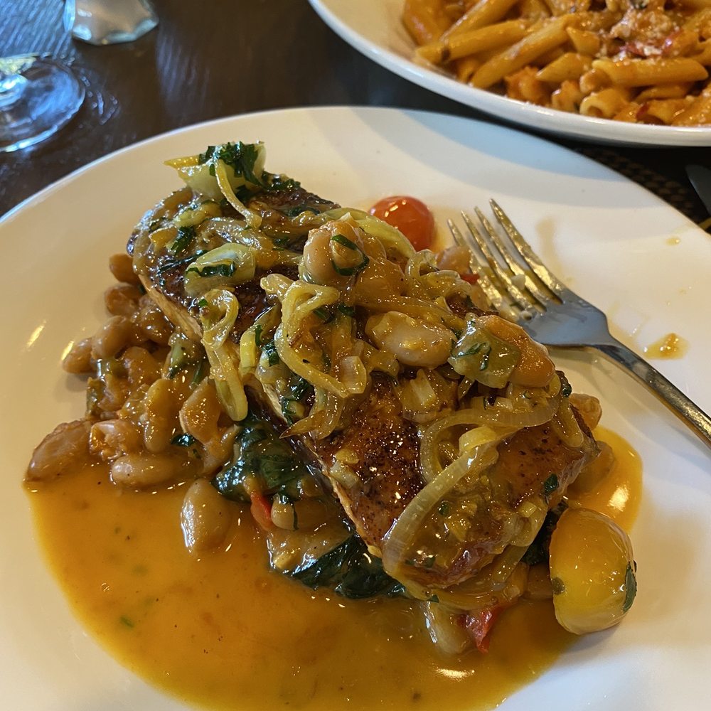 Bistro 72 - Pan Seared Salmon Dinner with White Bean, Spinach and Kale - American Near Me - Riverhead, New York Bistro 72 - Pan Seared Salmon Dinner with White Bean, Spinach and Kale - American Near Me - Riverhead, New York