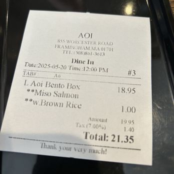 Aoi Japanese Restaurant - Check - bill - Japanese Near Me - Framingham, Massachusetts