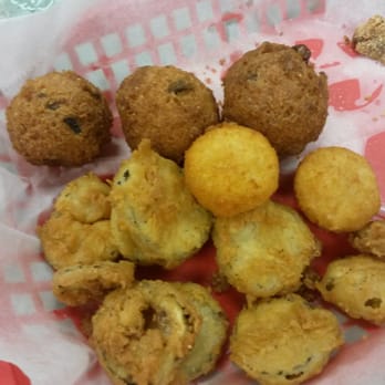 SweetPea's Table Restaurant - Sampler appetizer of hushpuppies, fried dill pickles and potatoe poppers! - American Near Me - Olive Branch, Mississippi SweetPea's Table Restaurant - Sampler appetizer of hushpuppies, fried dill pickles and potatoe poppers! - American Near Me - Olive Branch, Mississippi
