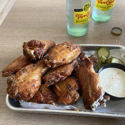 Crazy Train Eatery - Smoked wings with fresh ranch dressing and sweet pickle slices.  Da' bomb