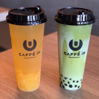 CAFFE:iN - Mango Green Tea with Mango Jelly & Thai Matcha Milk Tea with Boba - Coffee & Tea Near Me - Union City, California