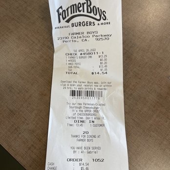 Farmer Boys - Receipt - Breakfast & Brunch Near Me - Perris, California
