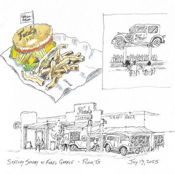 Ford's Garage Plano - sketches of the exterior, interior bar and an Americana Roadster burger. - Burgers Near Me - Plano, Texas Ford's Garage Plano - sketches of the exterior, interior bar and an Americana Roadster burger. - Burgers Near Me - Plano, Texas